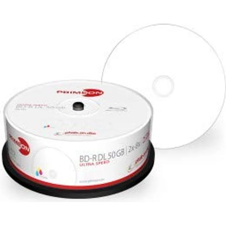 Primeon 2761319 BD-R DL 50GB-2-8x Cakebox (25 Disc), Photo-on-disc Surface, Inkjet Fullsize Printable Weiß