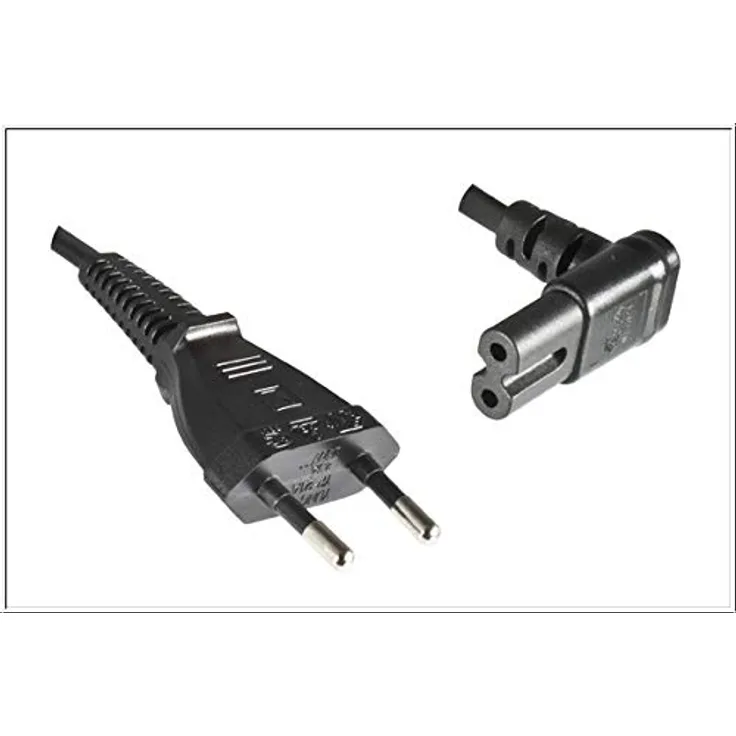 Netzleitung Euro-C7 90° o, u, schwarz, 2 m, 2 x 0.75 mm² Eurostecker auf Euro-8 Buchse C7 90° oben, unten Kabelaufbau H03VV-F 2G 0.75 mm² 2.5 A, 250 V VDE-geprüft, Farbe schwarz Geeignet für Europa (nicht für Großbritannien, Irland, Malta, Zypern) (EK546.