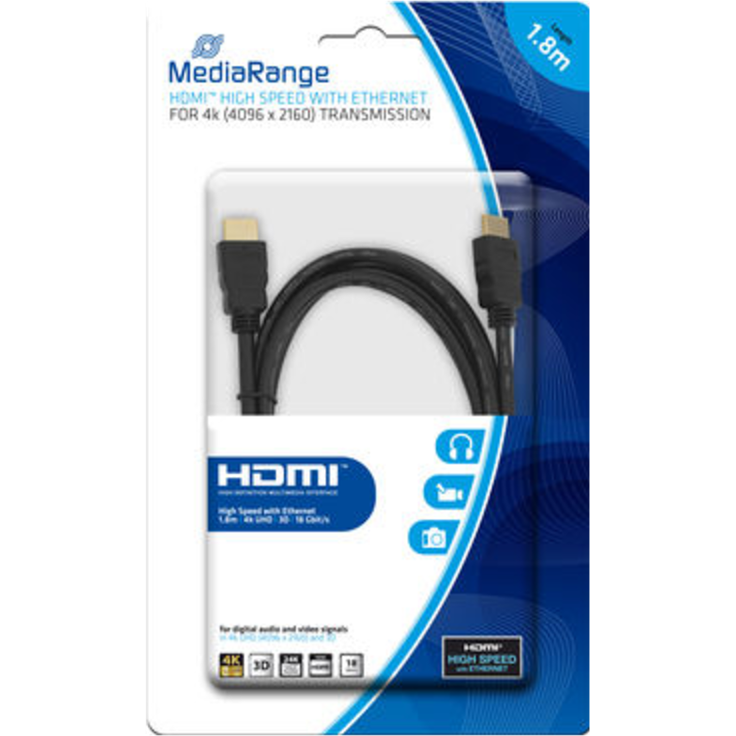 MediaRange HDMI High Speed Anschlusskabel mit Ethernet, vergoldete Kontakte, 18 Gbit-s Datenübertragungsrate, 1.8m, schwarz