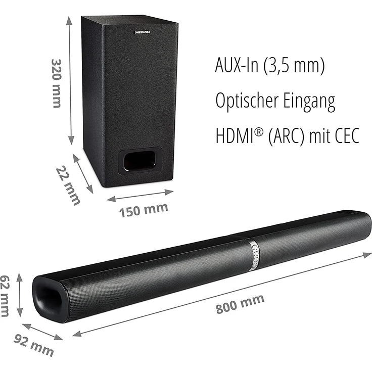 Medion LIFE 2.1 Soundbar mit Subwoofer, kabellos/kabelgebunden, geeignet für TV, schwarz  – Bild 6