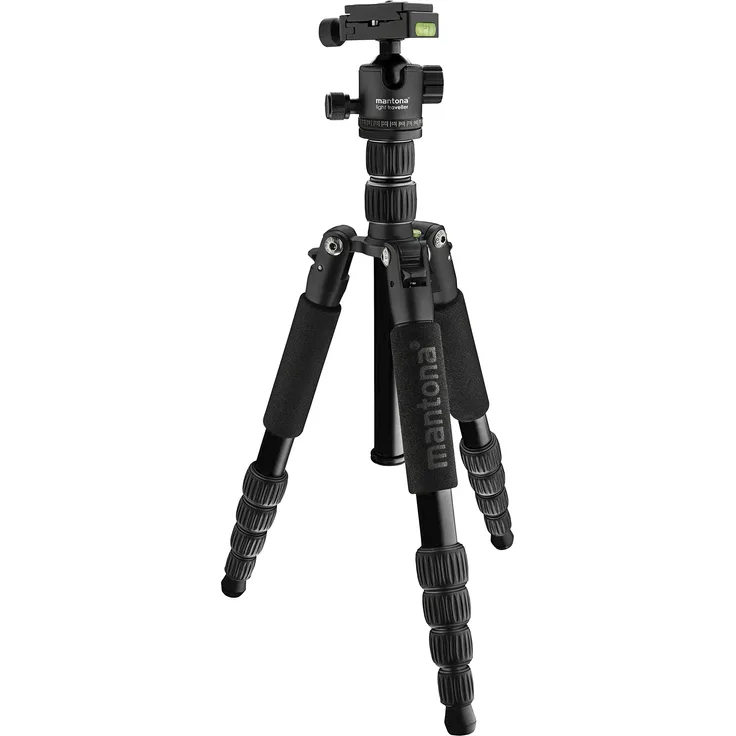 Mantona light traveller – leichtes Aluminium Reisestativ, extrem leicht 1,1kg und kompakt 30,5 cm, Einbeinfunktion, 360° Panorama Kugelkopf Arca-Swiss kompatibel, mit Tasche, schwarz