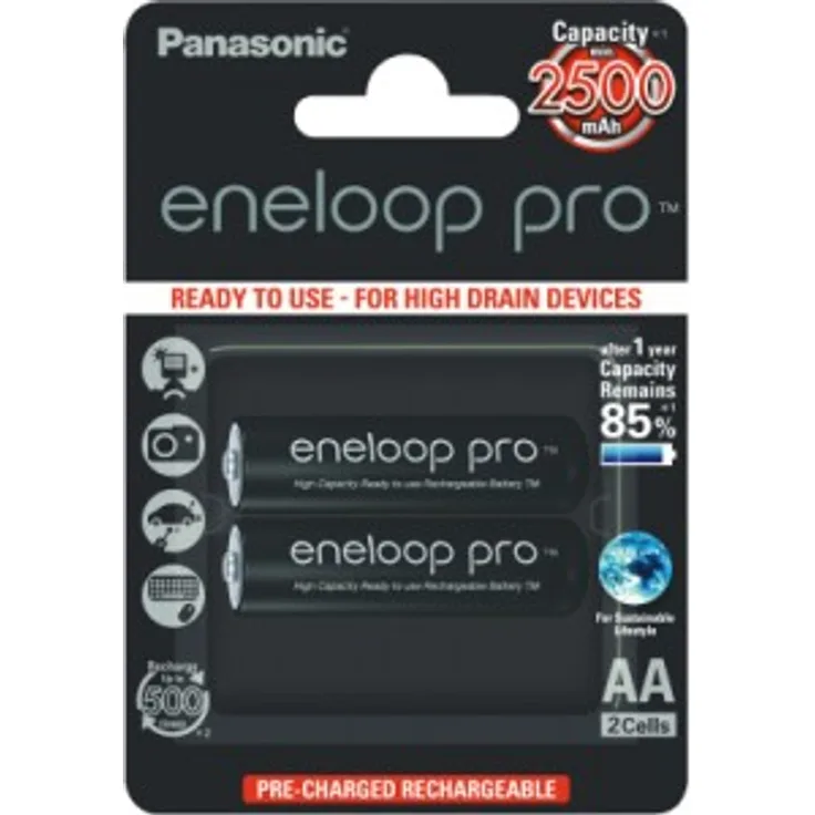 Panasonic eneloop pro, Ready-to-Use Ni-MH Akku, AA Mignon, 2er Pack, min. 2500 mAh, 500 Ladezyklen, mit extrastarker Leistung und geringer Selbstentladung, wiederaufladbare Akku Batterie
