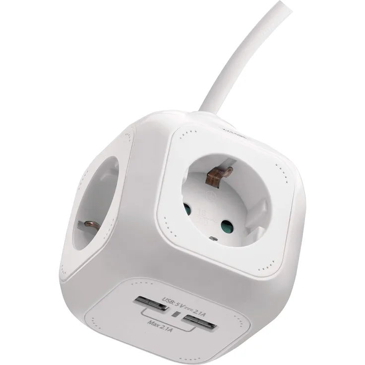 EMOS Cube-Steckdosenwürfel-Power Würfel-Steckdosenblock-Mehrfachsteckdose in Würfelform mit 4 Steckdosen und 2 USB-Ports Schuko, 1,9m Kabel, Wandhalterung, Kinderschutz
