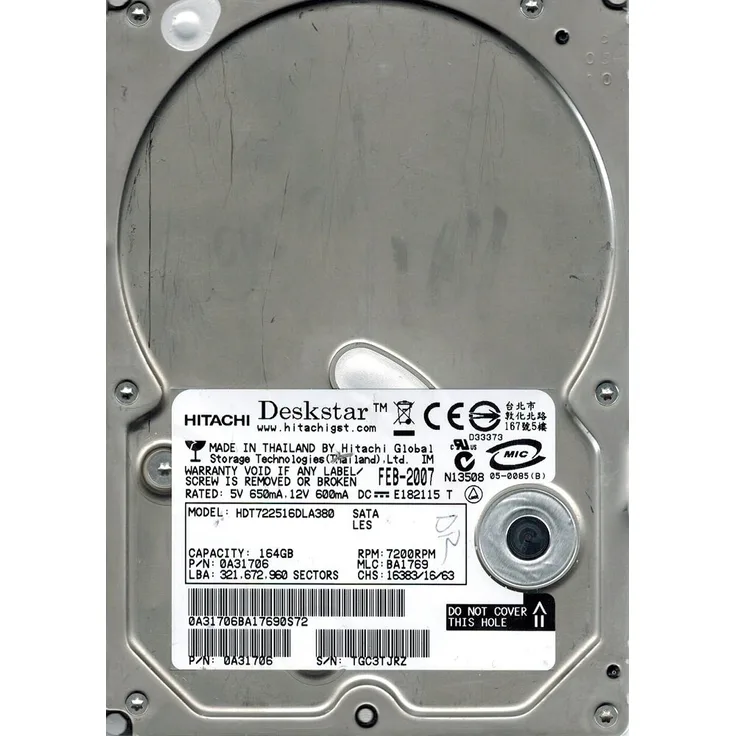 Hitachi HDT722516DLA380 P/N: 0 a31706 MLC: ba1769 160GB