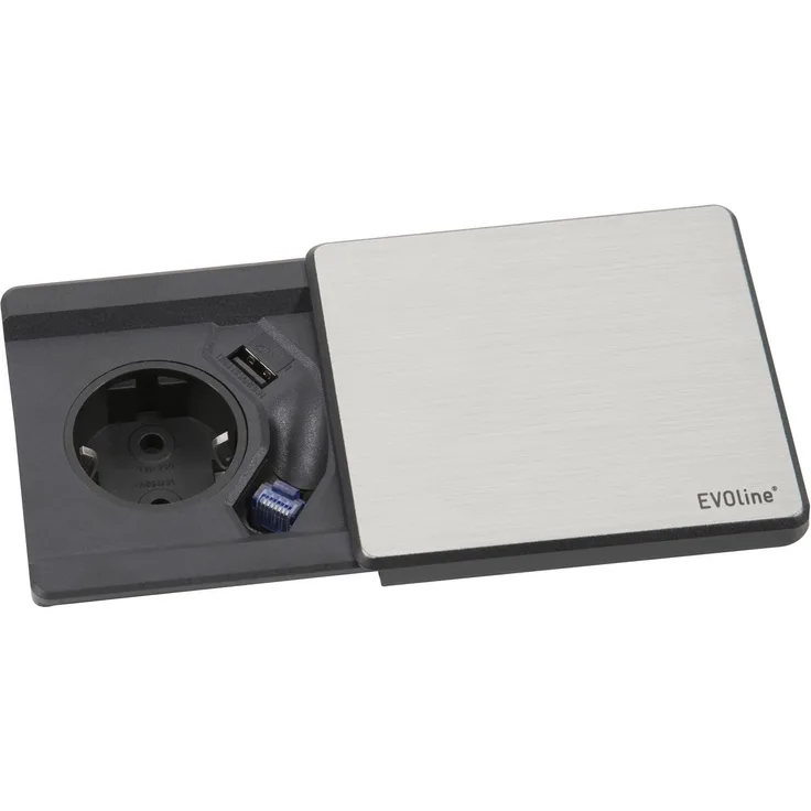 Schulte 1592 7000 3500 EVOline Square 80 Schuko mit USB QI-Charger + RJ45, Edelstahl