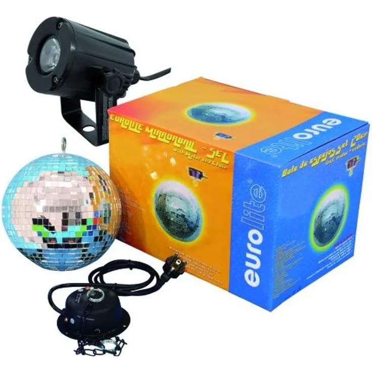 EUROLITE Spiegelkugelset 20cm mit LED Spot | Set bestehend aus Motor, Spiegelkugel, Kette und Pinspot