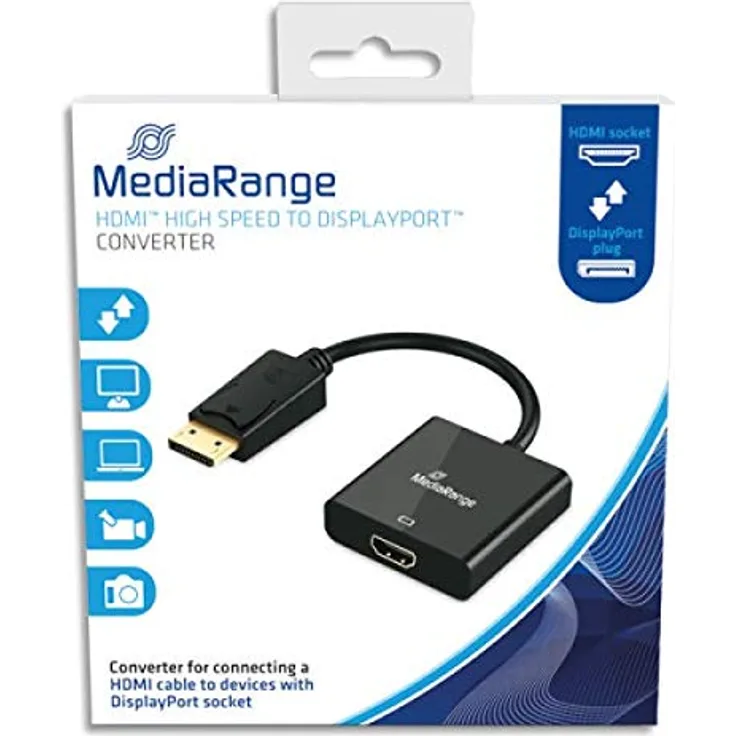MediaRange HDMI High Speed auf DisplayPort Konverter, vergoldete Kontakte, HDMI Buchse-DP Stecker, 18 Gbit-s Datenübertragungsrate, 20cm, schwarz