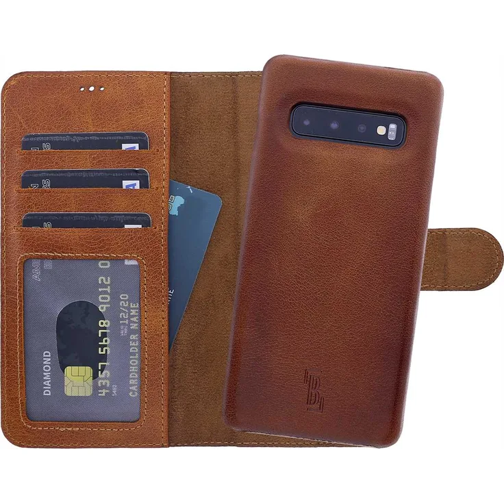 Burkley Lederhülle geeignet für Samsung Galaxy S10 Handyhülle mit abnehmbare Leder-Hülle Case Cover - Handytasche kompatibel mit Galaxy S10 Sattelbraun