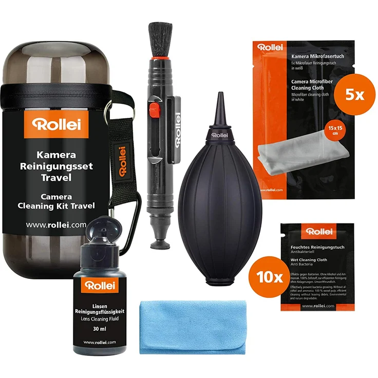 Rollei Kamera Reinigungsset Travel - Set zur Linsen-, und Objektivreinigung, inkl. Lenspen, Airblower und Mikrofaser-Tuch - Ideal für Unterwegs-Reisen - schwarz – Bild 1