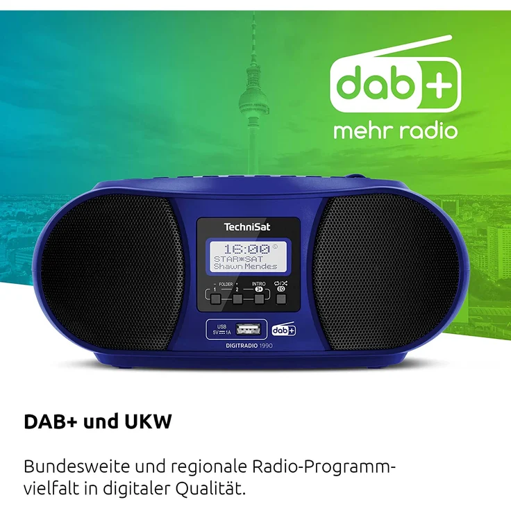 TechniSat DIGITRADIO 1990 - Stereo-Boombox mit DAB+/UKW-Radio und CD-Player (Bluetooth-Audiostreaming, Kopfhöreranschluss, USB, AUX in, Ladefunktion, Uhr, 2 x 1,5 Watt Ausgangsleistung) blau – Bild 3