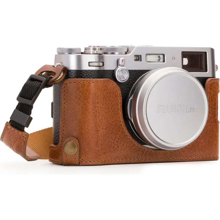 MegaGear Ever Ready Echtleder Kamera-Halbtasche mit Trageriemen und Batteriezugang für Fujifilm X100F braun