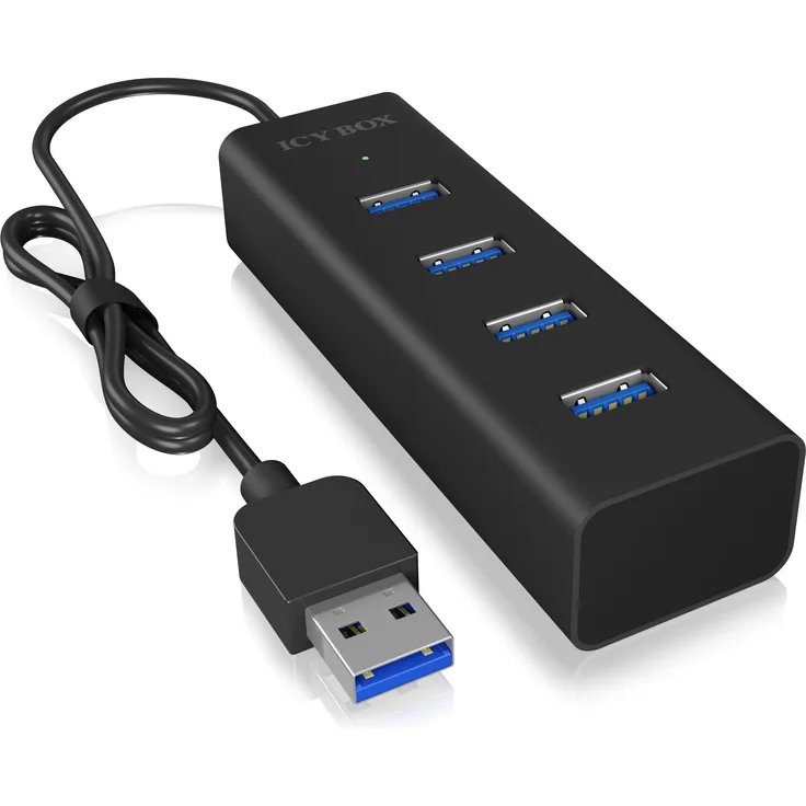 Icy Box IB-HUB1409-U3 4-fach USB-Hub (Type-A Verbindung) mit 4x USB 3.0 (Type-A) Anschlüssen, integriertes Kabel (40 cm), Aluminium, Schwarz