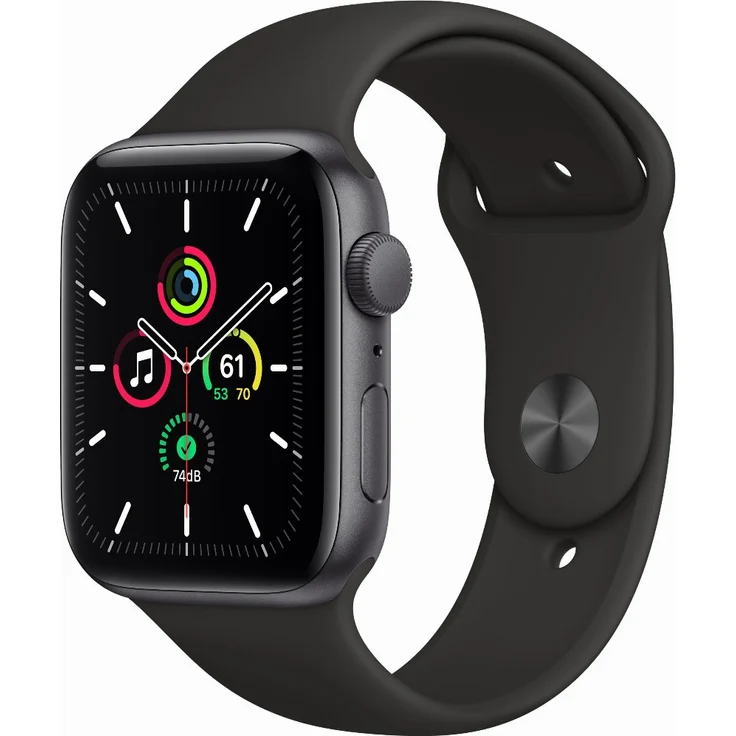 Apple Watch SE 2020 (1. Generation) Smartwatch GPS, 44mm, Aluminiumgehäuse Space Grau, Sportarmband Schwarz – Bild 1