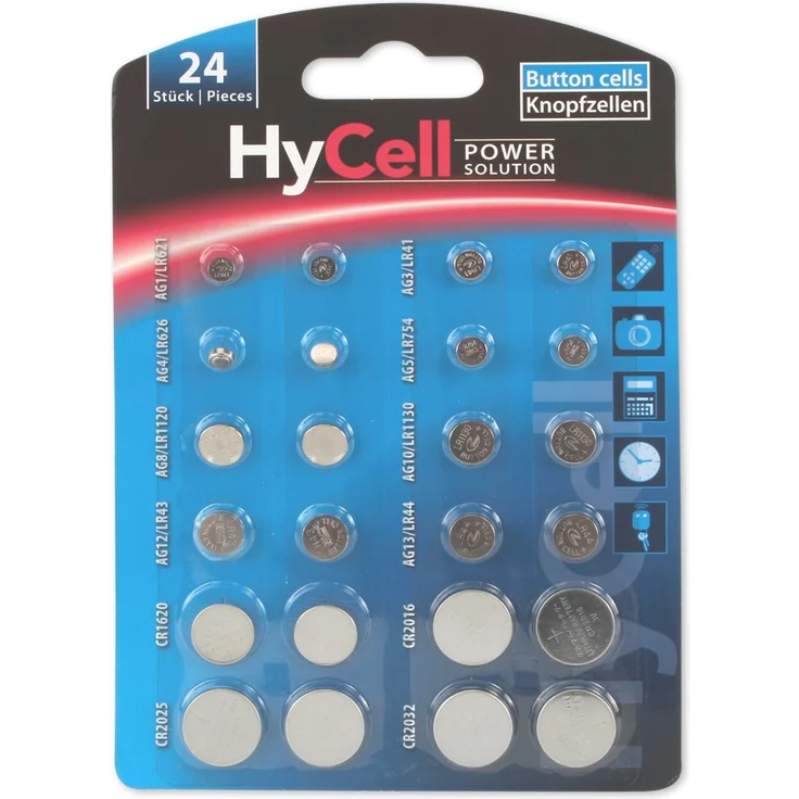 HyCell 24x Knopfzellen-Sparset - Je 2x CR2032 CR2025 CR2016 CR1620 LR41 LR43 LR44 LR626 LR621 LR754 LR1120 LR1130 - Ideal für Autoschlüssel TAN-Gerät Kinderspielzeug Uhren etc. – Bild 1