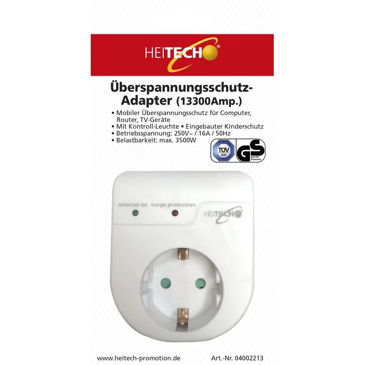 HEITECH Überspannungsschutz Adapter mit Kindersicherung - & GS geprüfter Zwischenstecker 1 fach - Überspannungsschutz 13300 Ampere - Adapterstecker