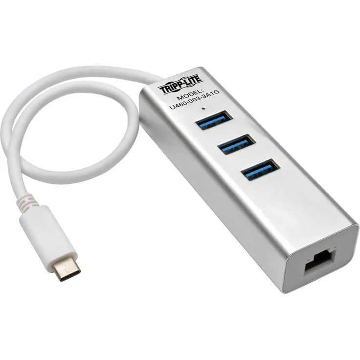 Tripp Lite 3-Port USB-C to USB-A Portable Hub with Gigabit Ethernet Port (GbE), RJ45, USB 3.1 Gen 1 Type-C to Type-A, Aluminum (U460-003-3A1G)