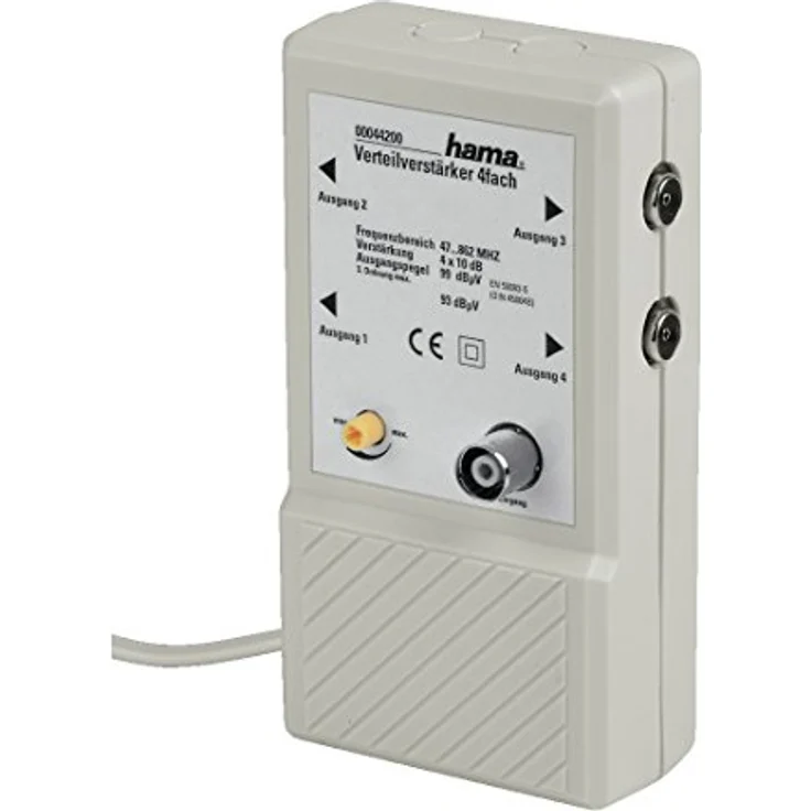 Hama 4 fach Verteilverstärker für BK Anlagen und terrestrische Netze, 4x10 dB (Dämpfungsregler, eingebautes Netzteil, HDTV, DVB-T-DVB-T2, Koax-Anschlüsse) weiß