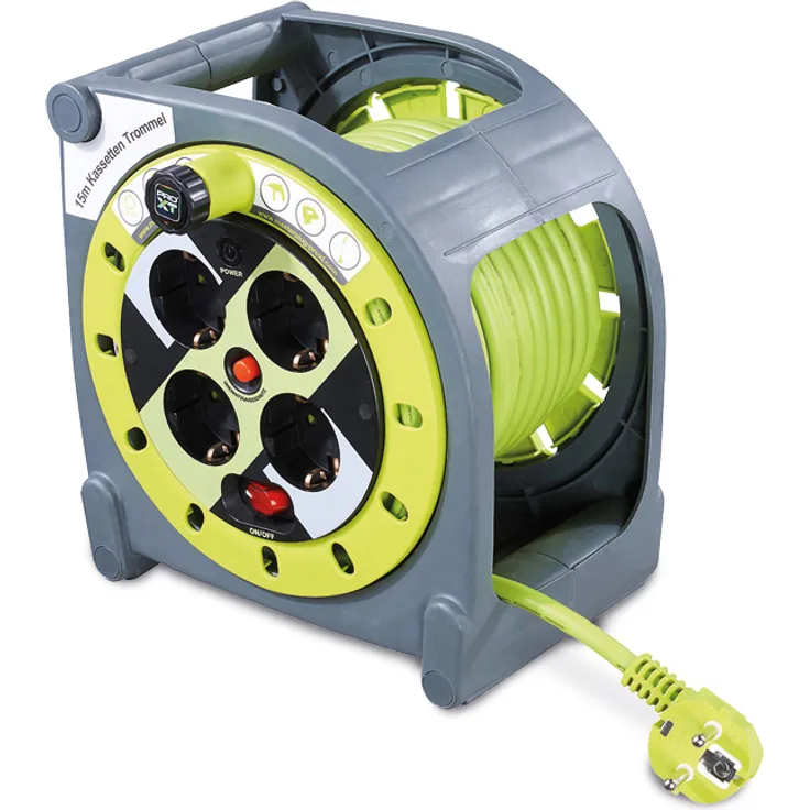 Masterplug Pro-XT KASSETTE M Kabeltrommel Kabelbox 15m mit 4 Steckdosen, Schalter und Thermoschutz