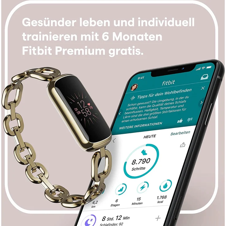Fitbit Luxe Fitness-Tracker GPS, Damen, Einheitsgröße, Edelstahlgehäuse, Edelstahlarmband, Soft Gold/Peony – Bild 10