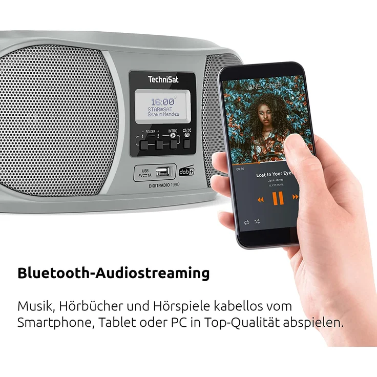 TechniSat DIGITRADIO 1990 - Stereo-Boombox mit DAB+/UKW-Radio und CD-Player (Bluetooth-Audiostreaming, Kopfhöreranschluss, USB, AUX in, Ladefunktion, Uhr, 2 x 1,5 Watt Ausgangsleistung) silber – Bild 5