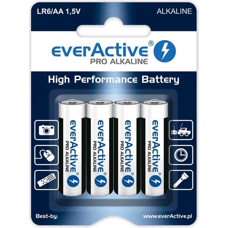 EverActive AA Batteries Pack of 4 Pro Alkaline Mignon LR6 R6 1.5V Highest Performance 10 Year Shelf Life - 4 Pack - 1 Blister Card, schwarz- weiss – Bild 1