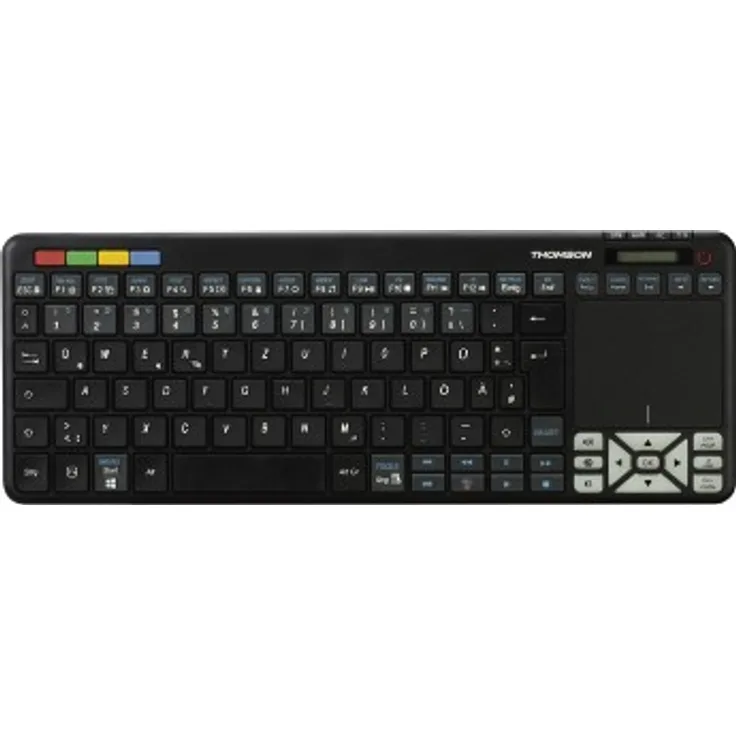 Thomson Funk-Tastatur für Panasonic Smart-TV mit 4in1 Universal-Fernbedienung (für TV-STB-Audio-PC, inkl. Touchpad-Maus, QWERTZ, beleuchtet, Multimedia-Tasten, lernfähig, Wireless, 2,4GHz) schwarz
