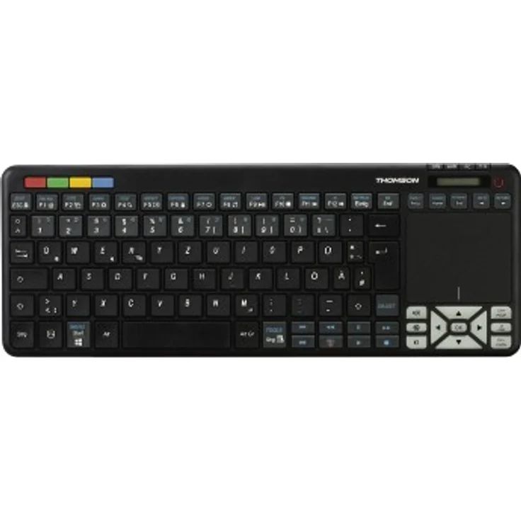 Thomson Funk-Tastatur für Panasonic Smart-TV mit 4in1 Universal-Fernbedienung (für TV-STB-Audio-PC, inkl. Touchpad-Maus, QWERTZ, beleuchtet, Multimedia-Tasten, lernfähig, Wireless, 2,4GHz) schwarz – Bild 1