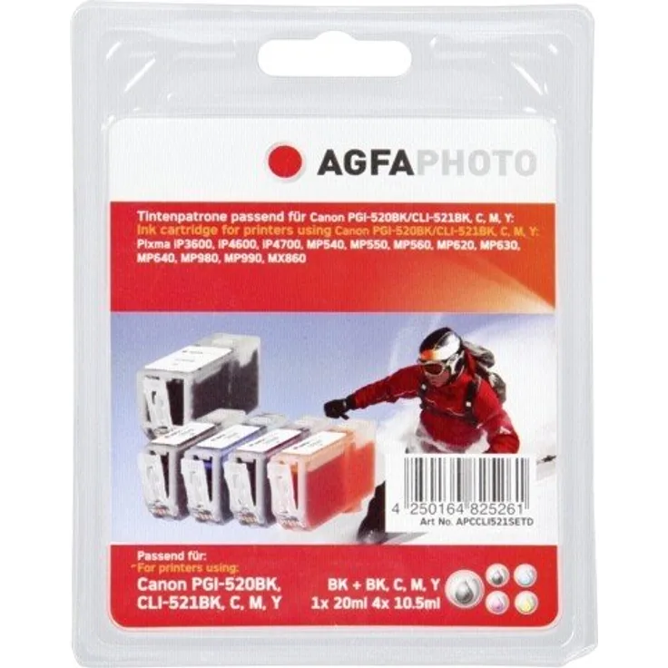 AgfaPhoto APCCLI521SETD PGI-520 BK CLI-521 Bonuspack Druckerpatrone für Canon, schwarz-cyan-magenta-gelb