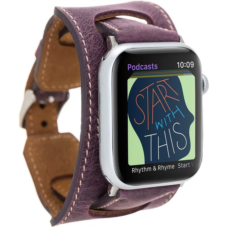 Burkley Apple Watch Leder Armband LADIES CUFF in Antik Violett 42-44mm (VA-G7) + Adapter in Silber