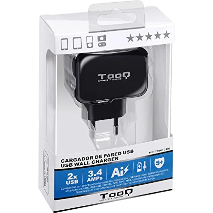 TooQ TQWC-1S02 - Ladegerät mit 2xUSB (5V-3,4A, 17W), mit AirPower Technologie, Zertifizierung: , für USB Geräte, schwarz