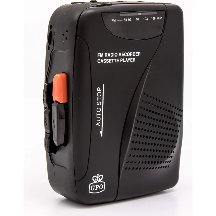 GPO Walkman tragbarer Retro Kassettenrecorder mit integriertem Lautsprecher und Mikrofon, FM-Radio, 3,5 mm Kopfhöreranschluss, inklusive Kopfhörer, Schwarz – Bild 1
