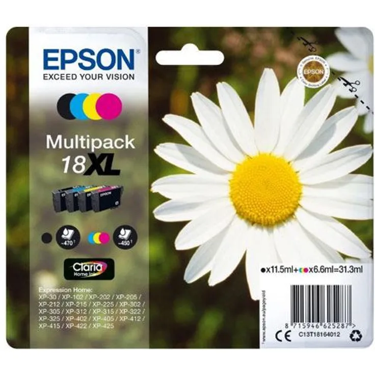 Epson Orginal 18XL Tinte Gänseblümchen, XP-305 XP-402 XP-215 XP-312 XP-315 XP-412 XP-415 XP-225 XP-322 XP-325 XP-422 XP-425, Normalverpackung, XL, (Multipack, 4-farbig)