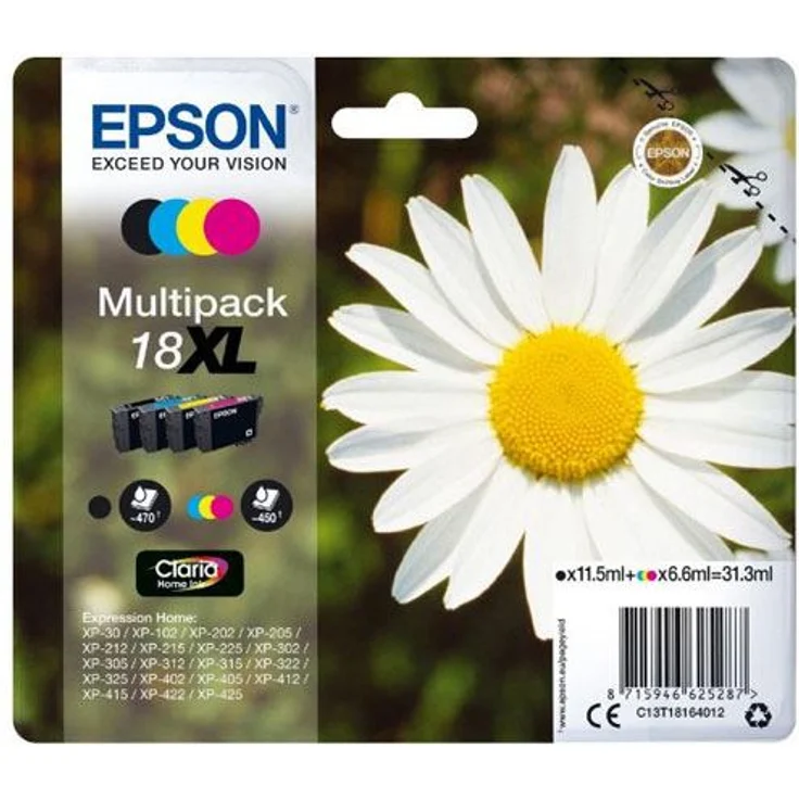 Epson Orginal 18XL Tinte Gänseblümchen, XP-305 XP-402 XP-215 XP-312 XP-315 XP-412 XP-415 XP-225 XP-322 XP-325 XP-422 XP-425, Normalverpackung, XL, (Multipack, 4-farbig) – Bild 1