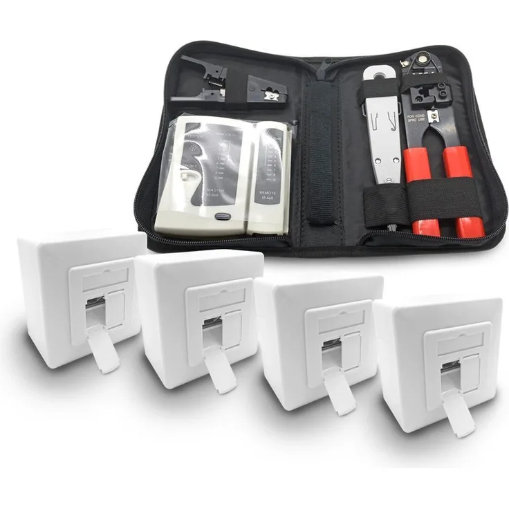 ARLI Netzwerk-Adapter, 4x ARLI Cat6a Netzwerkdose 2 Port + Werkzeugset - Crimpzange Rj45 + Tester + LSA + Kabelmesser Werkzeug Set