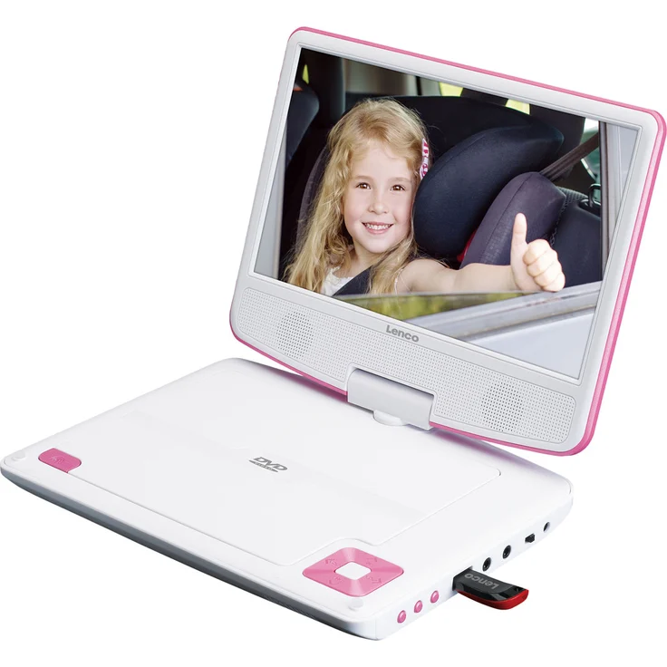 Lenco tragbarer DVD-Player DVP-910 9 Zoll (22,5 cm) mit drehbarem Display und Integriertem Akku (USB, AV-Ausgang), Netzadapter, Kopfhörer, weiß/pink – Bild 2