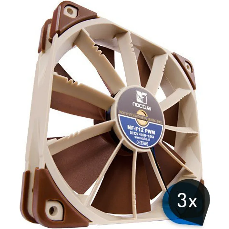 3 x Noctua NF-F12 PWM (BUNDLE) Leise 120x120x25mm Hochleistungs-Gehäuselüfter, 4 pin PWM, hoher Luftdurchsatz, low noise, Computer-Einbau, Standard-Gehäuse
