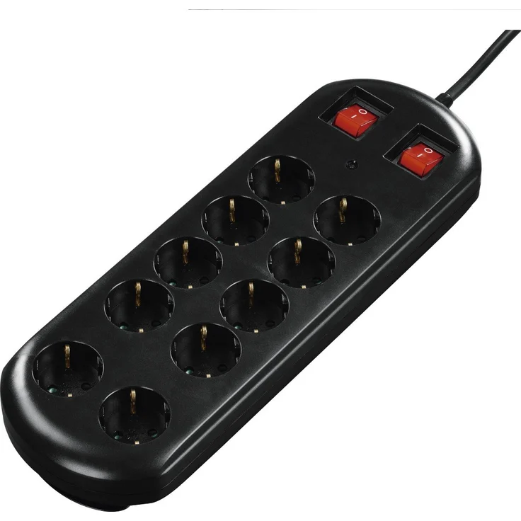 Hama Steckdosenleiste 10-fach (Überspannungsschutz, zwei Schalter zur Gruppenschaltung, Kindersicherung, Ösen zur Wandmontage, Kabelorganizer, 45° gedreht, max. 3500 W, 2 m Kabel) schwarz – Bild 1