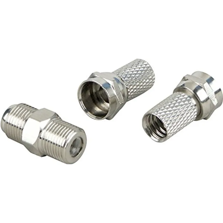 SCHWAIGER -KVBS70 531- F-Stecker 3er-Set- 7 mm Durchmesser- 1 F-Verbinder + 2 F-Stecker-Kupplung BZW. Zwischenstück-Verlängerung BZW. Anschluss von SAT-Anschlusskabeln-Silber