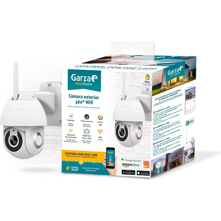 Garza Smarthome 360 WiFi Outdoor Kamera für Sicherheit HD 1080p, Nachtsicht und Zoom, Sprachsteuerung und App, Alexa, iOS, Google, Android