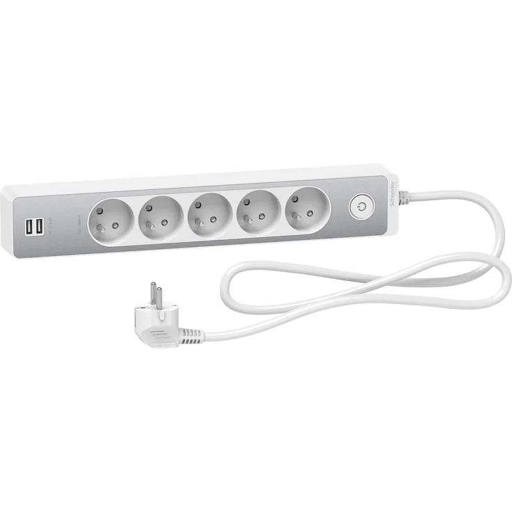 Schneider Electric SC5ST935U1WA Verlängerungskabel (5 Steckdosen, 2P+T, gebürstetes Aluminium, 2 USB, 1,5 m), Weiß