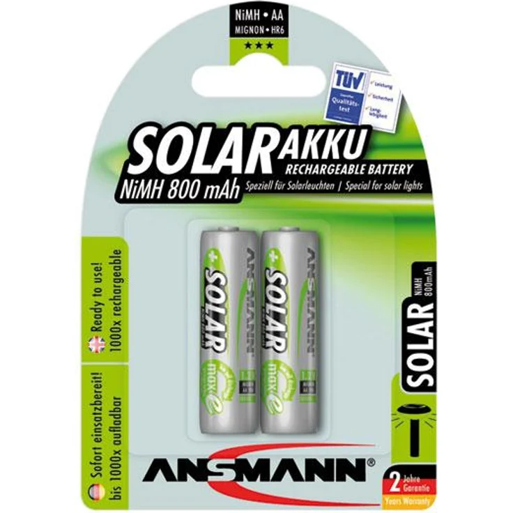 ANSMANN Akku AA Mignon 800 mAh 1,2V NiMH für Solarlampe 2 Stück - Wiederaufladbare Batterien mit geringer Selbstentladung maxE - Solar Akkus ideal für Solarleuchte im Garten - Rechargeable Battery – Bild 1