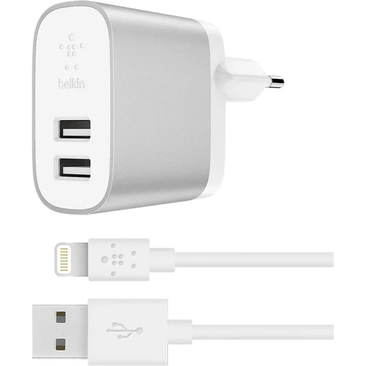Belkin Boost Charge 2-Port Netzladegerät mit Lightning--USB-Kabel (24 W, geeignet für iPhone 11, 11 Pro-Pro Max, XS, XS Max, XR-X, SE, Samsung Note9, S10-S10+-S10e und andere Geräte)