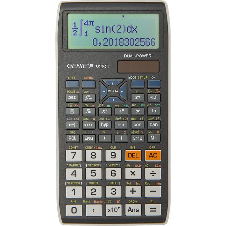 Genie 92SC wissenschaftlicher Taschenrechner-Schulrechner mit 580 Funktionen, 10-stelligem-2 Zeiligem Display und Ein--Ausgabe wie im Schulbuch, Dual-Power (Solar-Batterie), schwarz