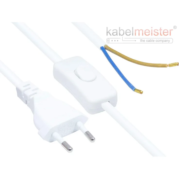 Kabelmeister EURO-Netzkabel - 1,5 m - Euro-Stecker Typ C (gerade) an abisolierte Enden - mit Schalter 0,75 mm² - weiß
