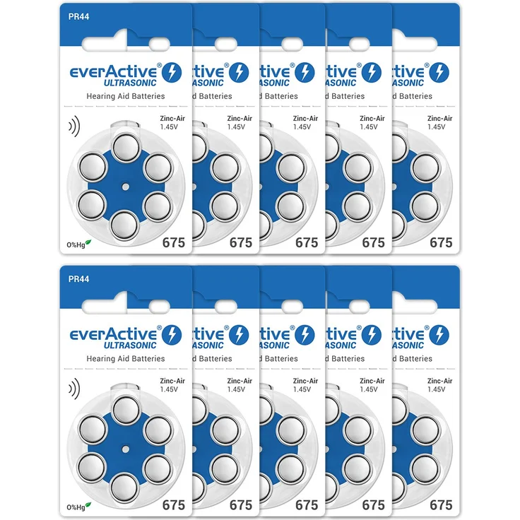 everActive 675, 60 Stück, Hörgerätebatterien, hohe Leistung, Zink-Luft-Batterien, 10 Blisterkarten, 4-jährige Haltbarkeit, blau, Ultrasonic PR44 – Bild 1