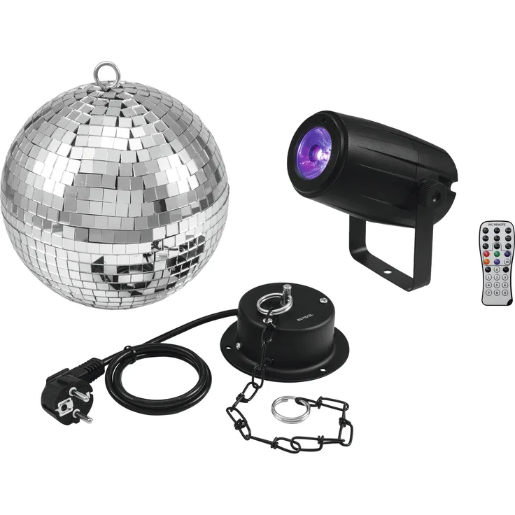 Eurolite Set Spiegelkugel 20 cm mit Motor + LED Pinspot PST-5 QCL schwarz mit 5-Watt-4in1-LED in RGBW