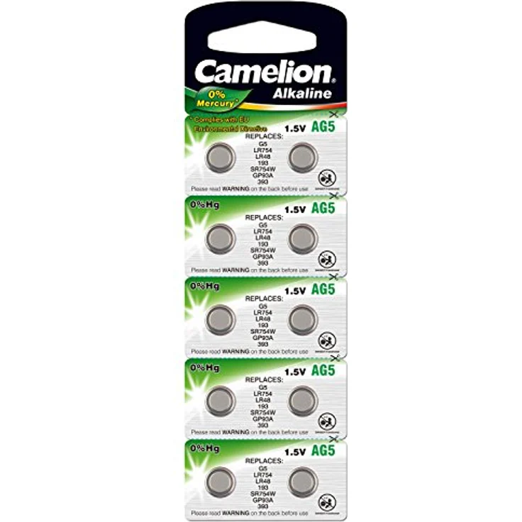 Camelion 12051005 Alkaline Knopfzellen ohne Quecksilber AG5-LR48-LR754-393-1,5 Volt, 10er-Pack – Bild 1