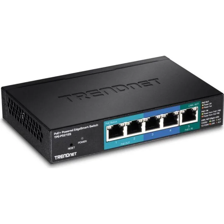 TRENDnet 5-Port Gigabit PoE+ EdgeSmart Switch mit PoE Durchgang, 18 W PoE Gesamtleistung, 802.3at betriebenes Gerät, Wandmontierbar, TPE-521ES