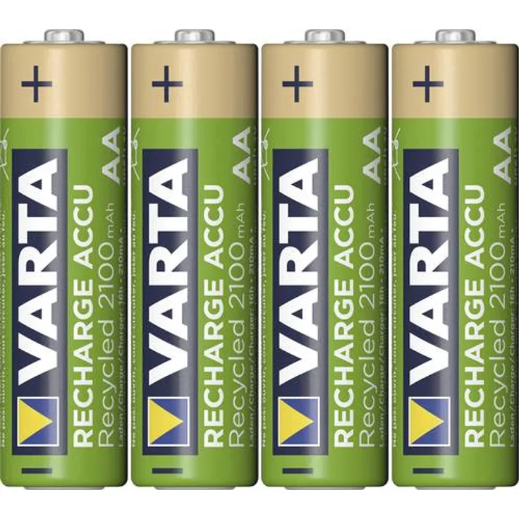 Varta Recharge Accu Recycled (wiederaufladbar, Ready-To-Use vorgeladener AA Mignon Ni-MH Akku (4er Pack, 2100mAh), aus 11% recyceltem Material, ohne Memory Effekt)