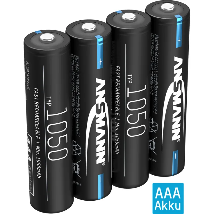 ANSMANN Akku AAA 1050mAh NiMH 1,2V - wiederaufladbar, hohe Kapazität (4 Stück)